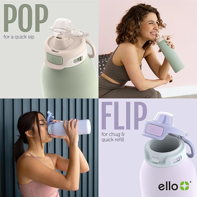 Ello Pop & Fill 22oz Stainless Steel Water Bottle with Quick Fill Technology, Double Walled and Vacuum Insulated Metal, Leak Proof Locking Lid, Sip and Chug, Reusable, BPA Free, Sunset Meadow