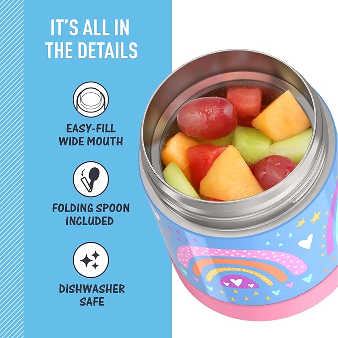 THERMOS FUNTAINER Insulated Food Jar, 10 Ounce, Kid Friendly Food Jar with Foldable Spoon, Rainbow Dreams