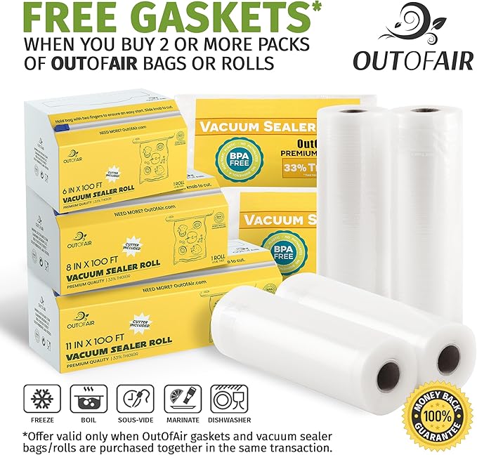 OutOfAir 11" x 100' Vacuum Sealer Bags Rolls & Dispenser Cutter Box - BPA Free, 4 mil thick - Great for Sous Vide - Works with Food Saver Machines