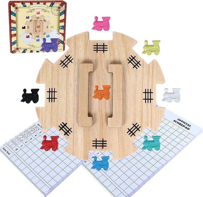 GOTHINK Mexican Train Dominoes Accessories Set - Large Size Pine Hub, 9 Colorful Metal Markers, 50-Sheet Score Pads*2