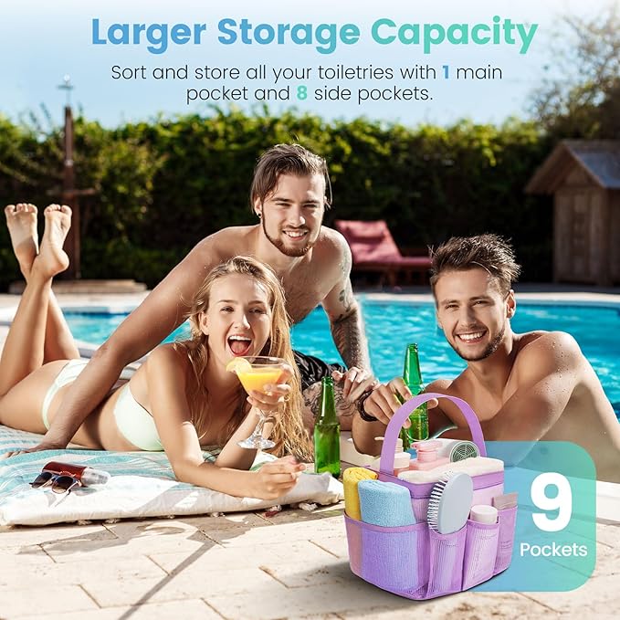 Camping Essentials Shower Caddy Portable for College Dorm Room Essentials for Girls with 9 Pockets,Large-Capacity Shower Caddy Dorm Basket,Quick Dry Shower Bag for Gym,Travel,Swim,Beach-Purple