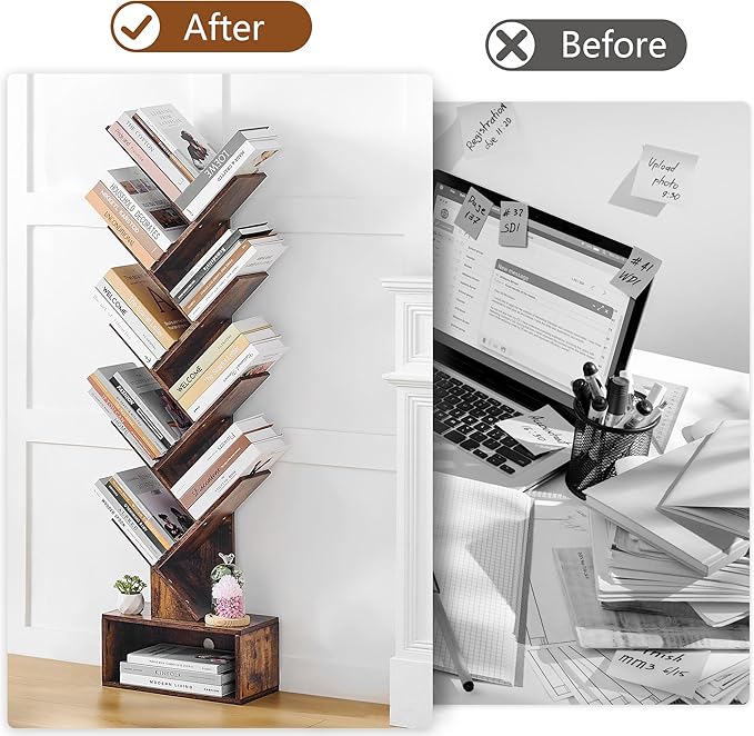 Hoctieon 9 Tier Tree Bookshelf, Tall Bookcase with Drawer, Wood Book Shelf, Modern Floor Standing Bookshelves, Book Organizer Shelves for Bedroom, Living Room, Home Office, Rustic Brown
