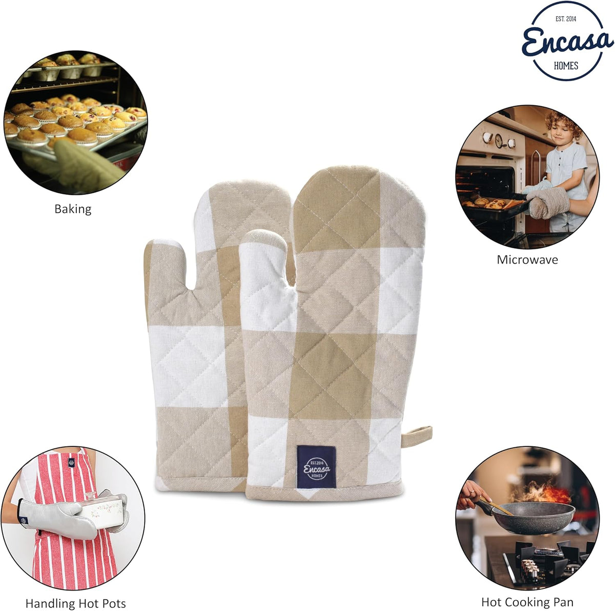 Encasa XO Long 12"x7" Oven Microwave Hand Gloves Mitts (2 pc Set) for Kitchen Cooking & Baking - Heat Resistant, Thick & Safe, Protection of Hands from Hot Utensils - Buffalo Beige Checks