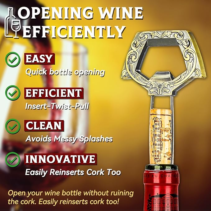 Ah So Wine Opener for Vintage Bottles, 3 in 1 Old Bottle Opener, Two Prong Cork Remover with Beer Bottle Opener, for Connoisseurs & Collectors to Uncork (Copper)