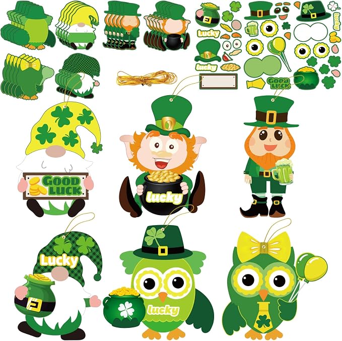 chiazllta 30 PCS St. Patricks Day Craft Kits for Kids DIY Leprechauns Shamrock Owl Gnome Sticker Craft Ornament St. Patricks Art Craft for Party Home Class School Game Activities
