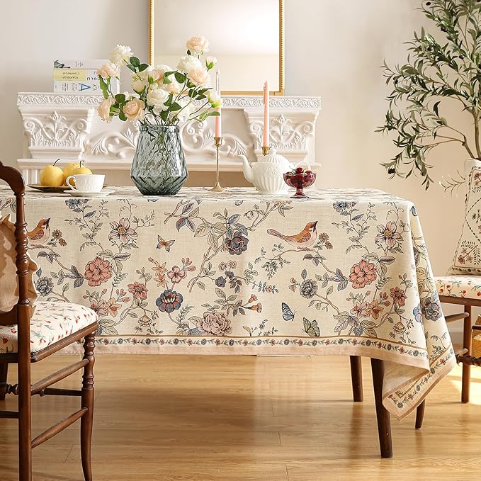 ISAENNE Designer French Light Beige Small Square Tablecloth,Linen Florals and Birds Pattern Table Cloth,Anti-Wrinkle Decorative Tablecloths for Dining Thanksgiving Kitchen,55"*55"-Cornucopia