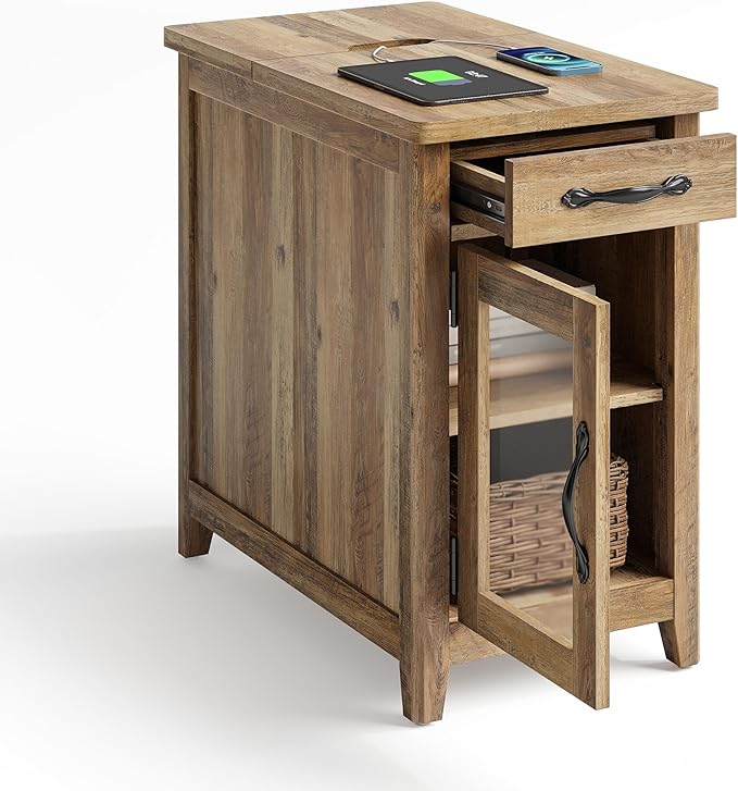 LINSY HOME End Table Set of 2 with Charging Station, Modern Farmhouse Sofa Couch Side Table, Wooden Bedside Table for Living Room, Nightstand with Storage Cabinet for Small Space, Brown, Glass Door
