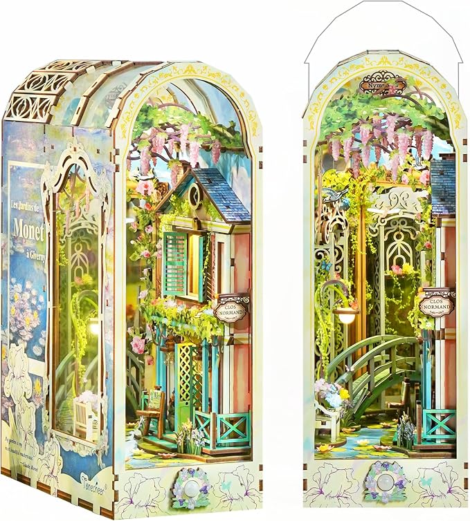 Tonecheer DIY Book Nook Kit for Adults, 3D Puzzle Wooden Miniature House Kit, Booknook Dollhouse Bookshelf Insert Decor Bookend with Dust Cover and LED Lights Gifts (Giverny Garden)