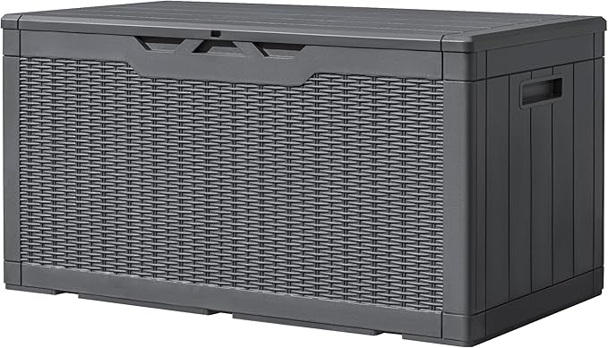 Greesum 100 Gallon Resin Deck Box Large Outdoor Storage, Imitation Rattan Weave Texture for Patio Furniture, Garden Tools, Pool Supplies, Weatherproof and UV Resistant, Lockable, Gray