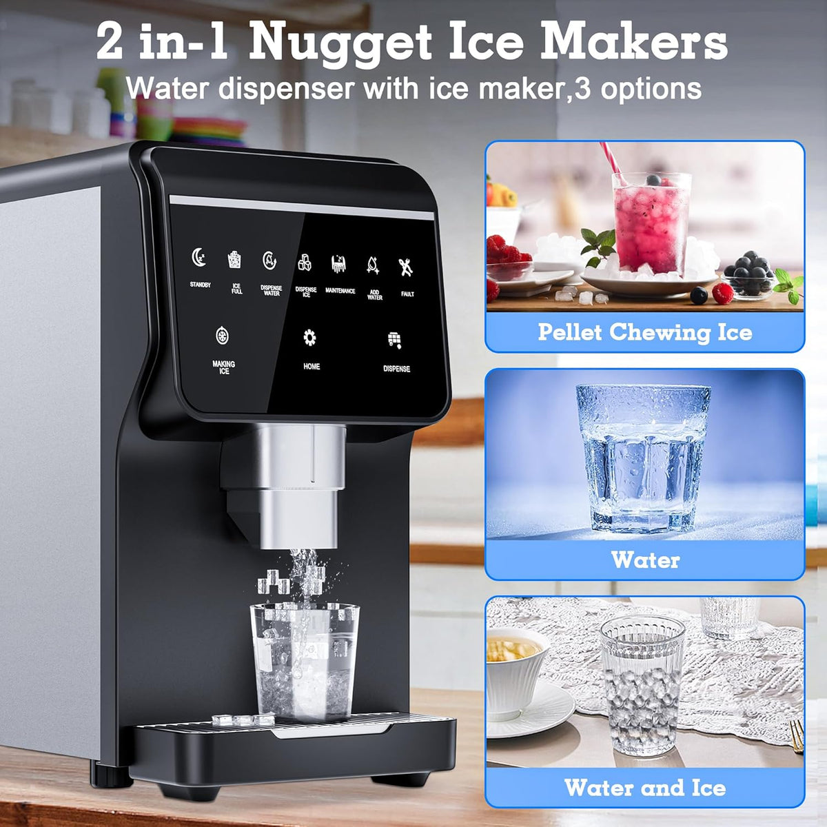Nugget Ice Maker 66Lbs/24H Chewable Pellet Ice Machine, Built-in 6lbs Ice Storage, Self-Cleaning Function,Stainless Steels Ice Machine for Home,Office,Party,RV