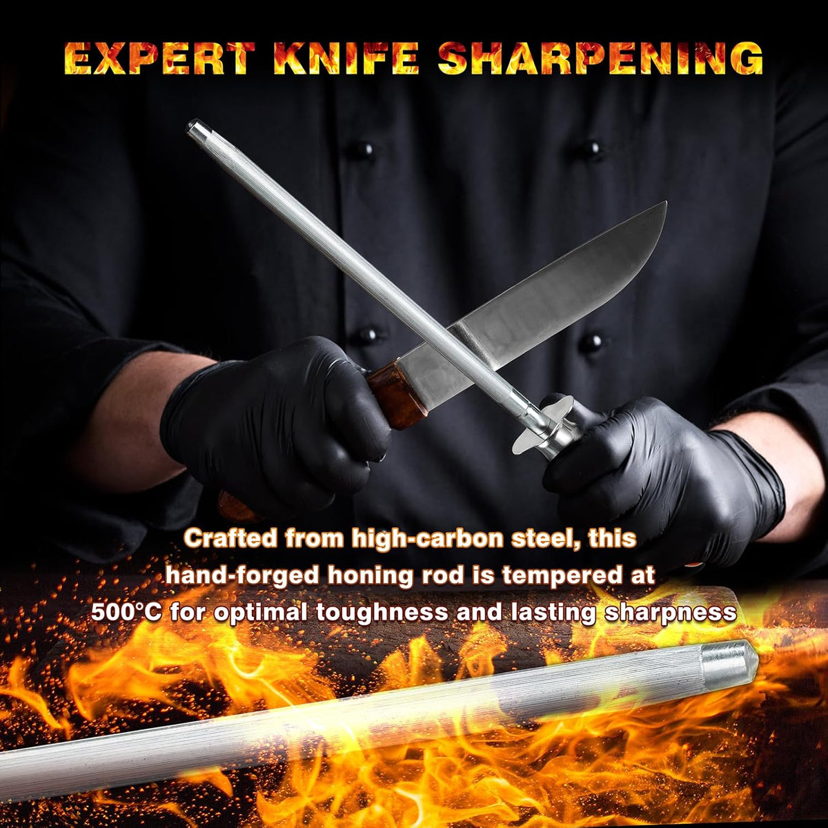 Knife Sharpener Rod, Kitchen Knives Sharpener Carbon Steel Professional Knife Sharpening Steel, Honing Rod with Hanging Holes (13 inches), R