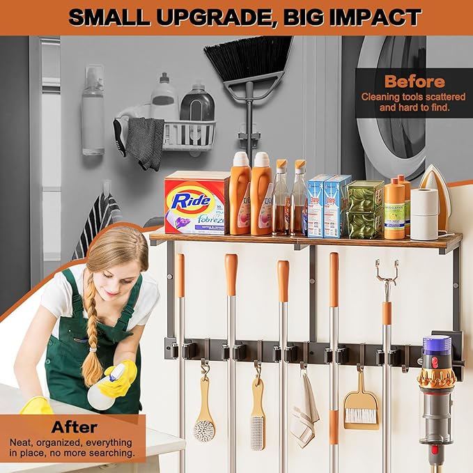Broom Holder Wall Mount with Cleaning Supplies Organizer, Laundry Room Organization and Storage Shelves with Mop Hanger Rack Gripper Hooks, Utility Shelf Closet Organizer for Home Garage Kitchen