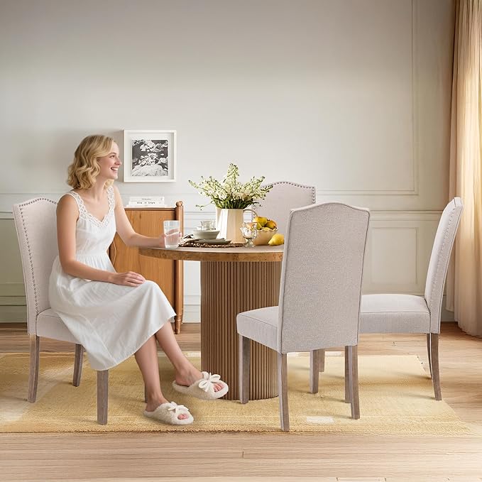 Upholstered Dining Chair Modern Stylish Parsons Kitchen Diner High Back with Silver Nailhead Trim & Wood Legs, Set of 2, Fabric Beige