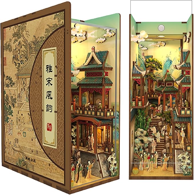 Tonecheer DIY Book Nook Kit for Adults, Wooden 3D Puzzle Bookend Bookshelf Insert Decor, Chinese Booknook Miniature House Kit with Dust Cover and Body Motion Sensor LED (Song Dynasty Culture)