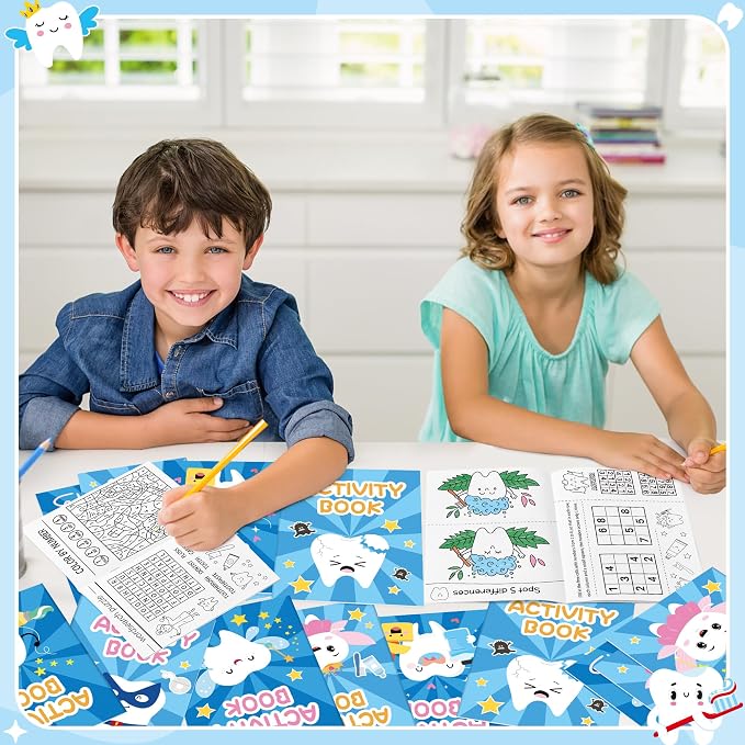 Tooth Activity Books for Kids - 48Pcs Cute Tooth Fairy Mini Games Coloring Book Set Bulk Cartoon Novelty Teeth Themed Mazes Word Search Word Scramble Games for Classroom DIY Art Gifts Party Favors