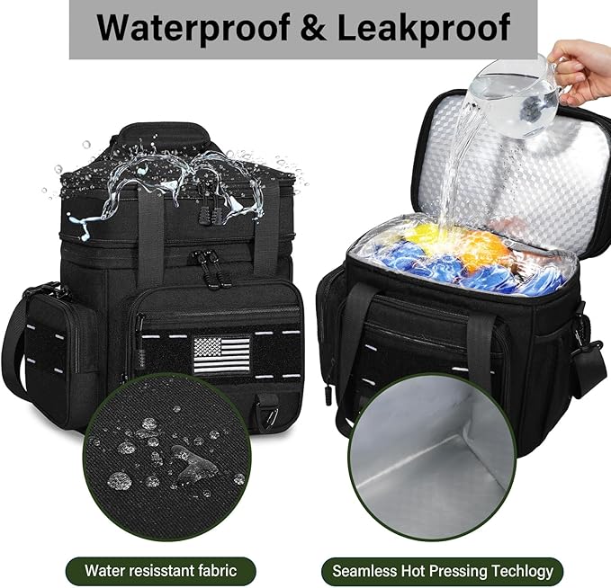 Expandable Tactical Lunch Box, XLarge Insulated Lunch Cooler Bag Heavy Duty Leakproof Lunch Pail for Men Adults Work Office Outdoor Picnic Trips,25L,Black