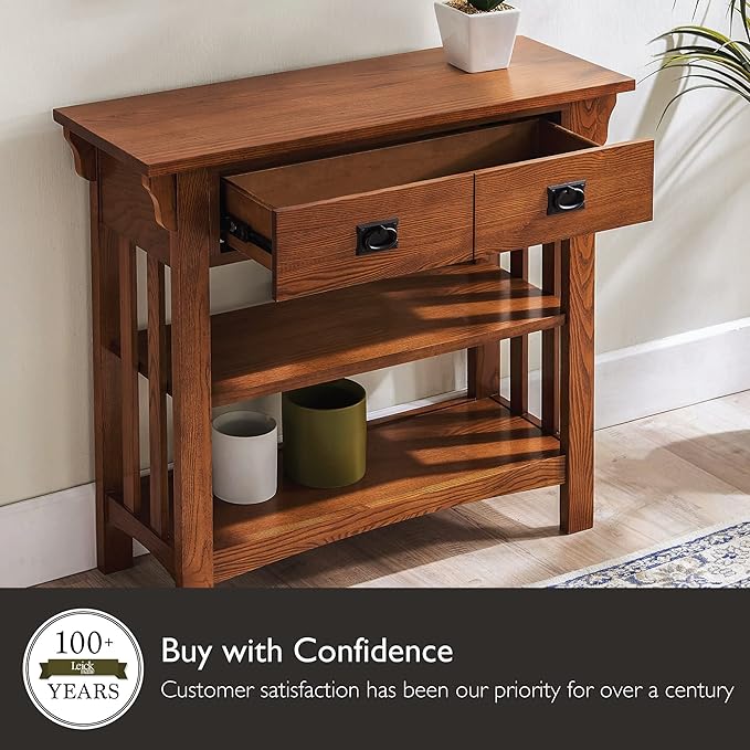 Leick Home Mission Impeccable Bookshelf, Solid Wood, 2 Drawers, 2 Shelves, Slatted Sides, Blackened Hardware, Easy Assembly, Russet Brown, 12 in D x 34 in W x 30 in H, Item 8261