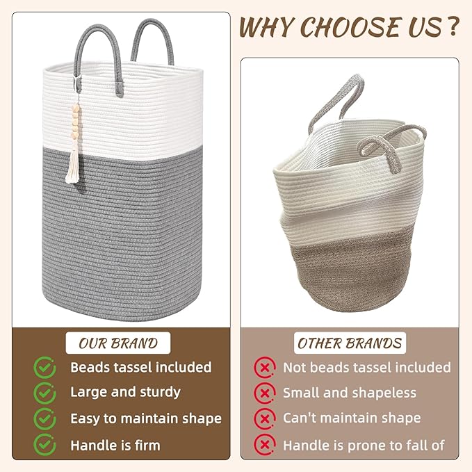 Woven Laundry Basket for Clothes, 65L Large Rectangle Laundry Hampers with Beads Tassel, Nursery Storage Basket for Toys, Tall Dirty Clothes Hamper for Bedroom Aesthetic, Laundry Room Organization
