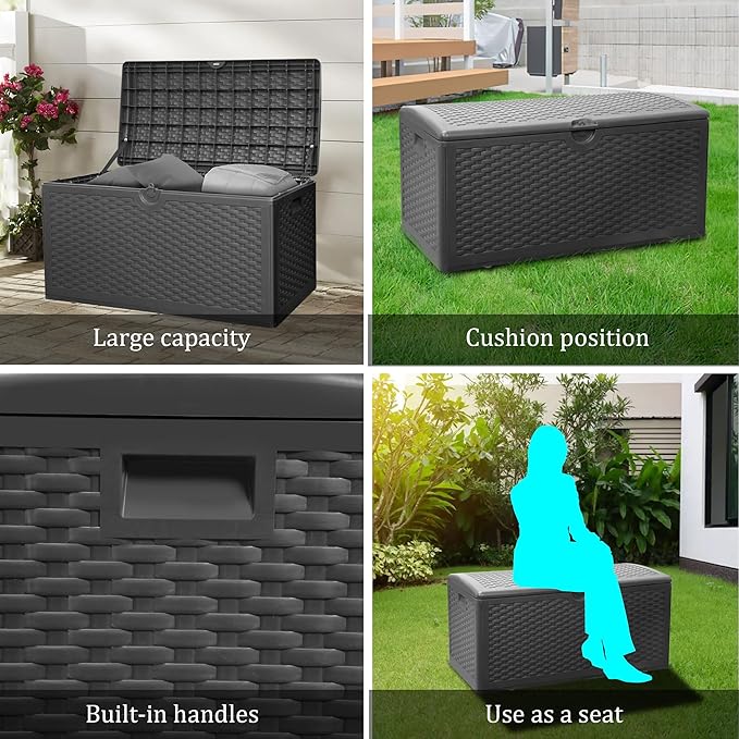 Outdoor Storage Deck Box Waterproof,90 Gallon Lockable Patio Package Delivery Bin as Seat, Resin Storage Container Bench for Furniture Cushions, Pool Accessories, Garden Tools, Black