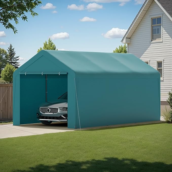 Carport, 10‘ x 20’ Heavy Duty Portable Garage All-Season Car Canopy w/Removable Sidewall & Doors, Carport Canopy Party Tent w/Water-Resistant Tarp for Backyard (Green, 10‘ x 20’)