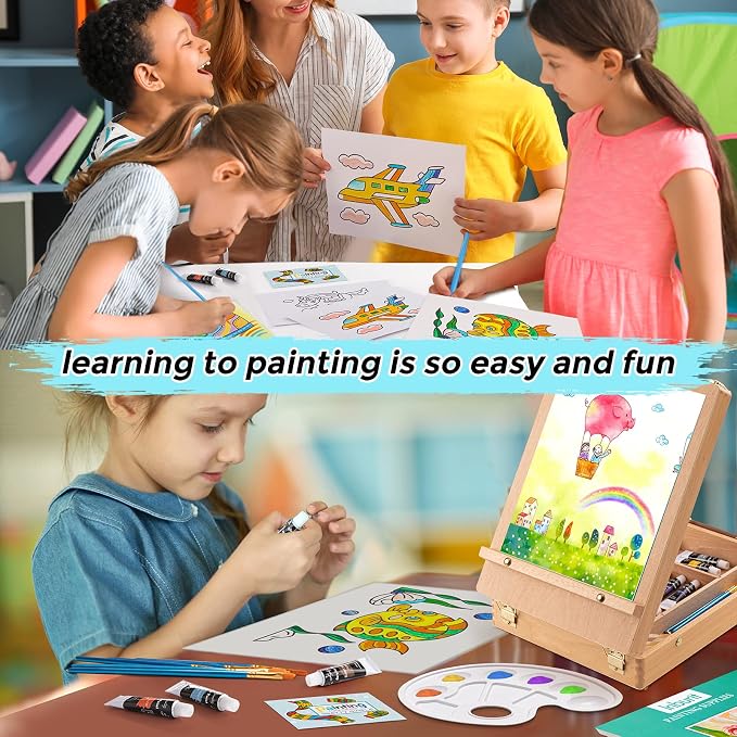 Inburit Art Paint Set with Wooden Easel Box, 24 Colors Acrylic Paints, 8 Paint Brushes, 6 Canvas Panel Deluxe Paining Supplies kit for Kids, Student, Adult & Artist