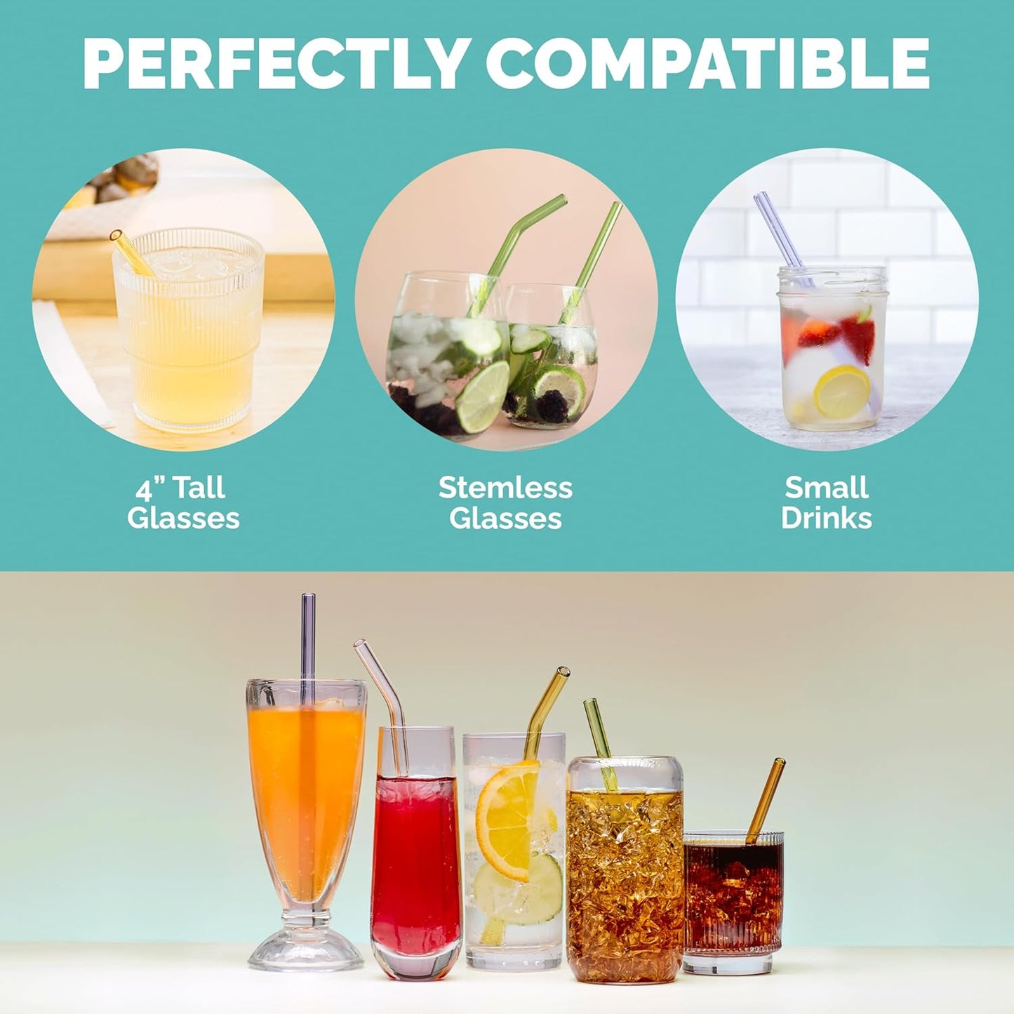 Simply Straws 6 Inch Glass Straws Bent (6-Pack) – Reusable Glass Straws for Low Balls & Stemless Glasses, with Cleaning Brush – Dishwasher Safe, Hot & Cold Use, BPA-Free (Seaglass)