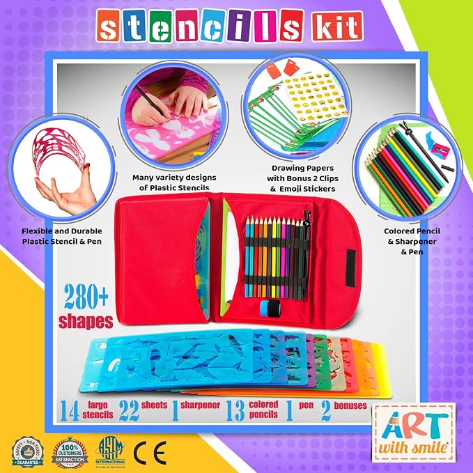 Drawing Stencils for Kids Kit & Carry Case – – Child-Safe, Non-Toxic Stencil Set with 300 Shapes, Colored Pencils, Paper, Etc. – Birthday Gifts & Travel Art Supplies for Creativity, Learning and Fun
