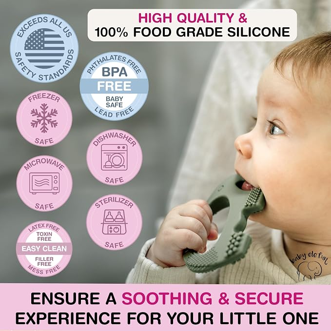 Baby Elefun Baby Teething Toys 5X Pain Relief Zero Delay 0-6 Months, Olive
