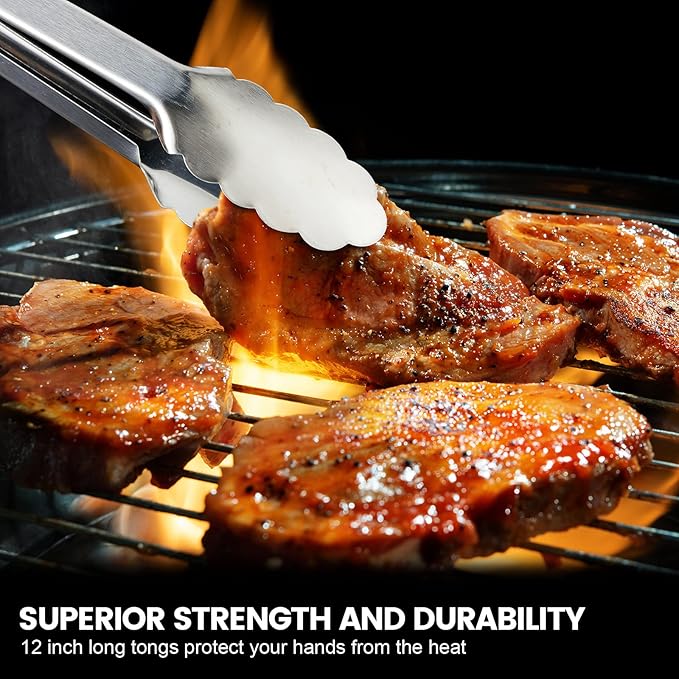 Chengu 12 Pack Stainless Steel Kitchen Tongs 7/9/12 Inches Food Serving Clip Kitchen Cooking Tongs High Heat Resistant Clips for Cooking Non Stick Locking Grill Salad (Black)