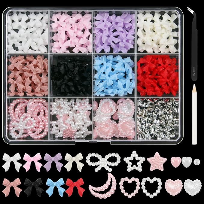 Artdone Nail Art Studs Glitter Kit, 12 grids 8 Colors 3D Charms and Pink Mix White Star Heart Moon Cute Nail Jewels for DIY Decoration