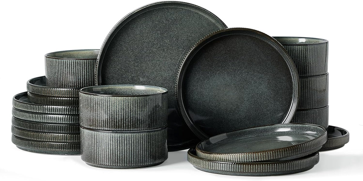 Famiware Star Dinnerware Set, Plates and Bowls Sets for 6 (18pcs), Ribbed Stoneware Dishes - Chip & Scratch Resistant, Microwave & Dishwasher Safe Kitchenware, Deep Forest