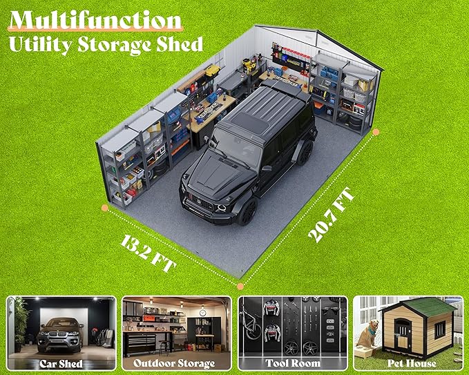AMERLIFE 13x21x8 FT Outdoor Metal Garage Shed, Extra Large Storage Shed with Double Hinged Doors, 4 Windows, Heavy Duty Carport for Cars, Boats, Trucks and Equipment Storage, Dark Gray