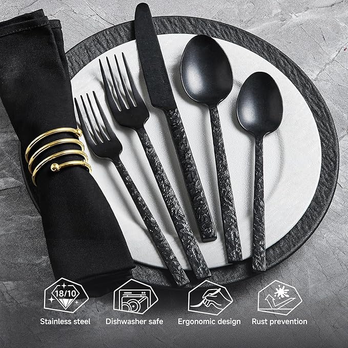 KINGSTONE 20 Pcs Black Hammered Silverware Set for 4, 18/10 Stainless Steel Heavy Duty Flatware Set, Tableware Cutlery Utensil Sets for Home Restaurant Dishwasher Safe