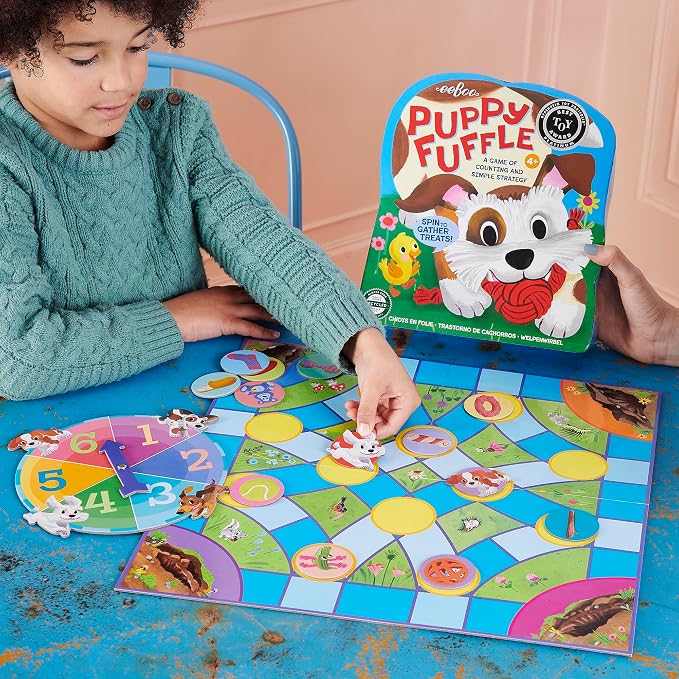 eeBoo: Puppy Fuffle - A Game of Counting & Simple Strategy, Kids Spinner Board Game, Collect Toys & Treats, Preschool, Ages 4+, 2-4 Players, 15-25 Min