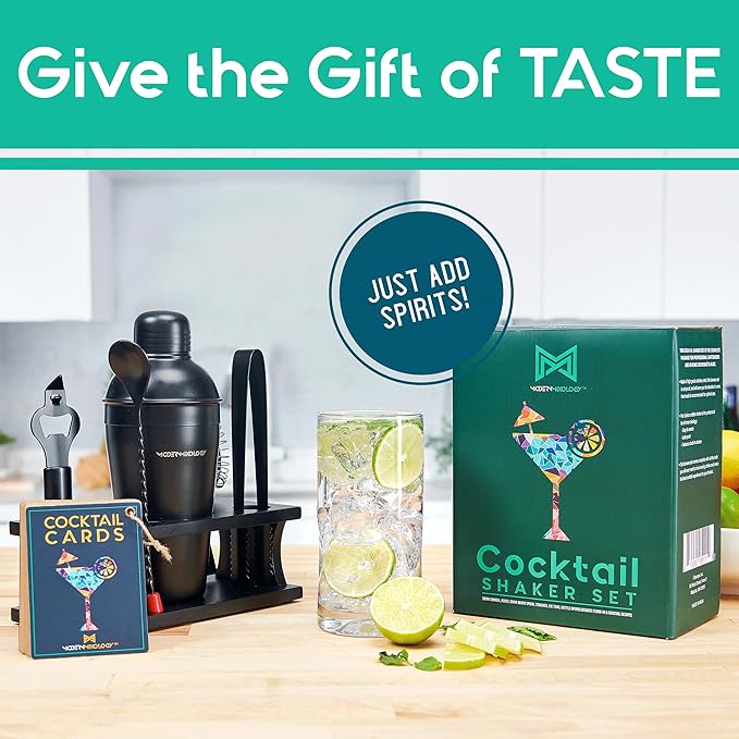 Modern Mixology Cocktail Shaker Set - Bartender Kit with Pine Stand | Leak-Proof Design | Includes Martini Shaker, Jigger, Strainer, Spoon, Tongs | Perfect Bar Tools Gift for Home Mixology (Black)