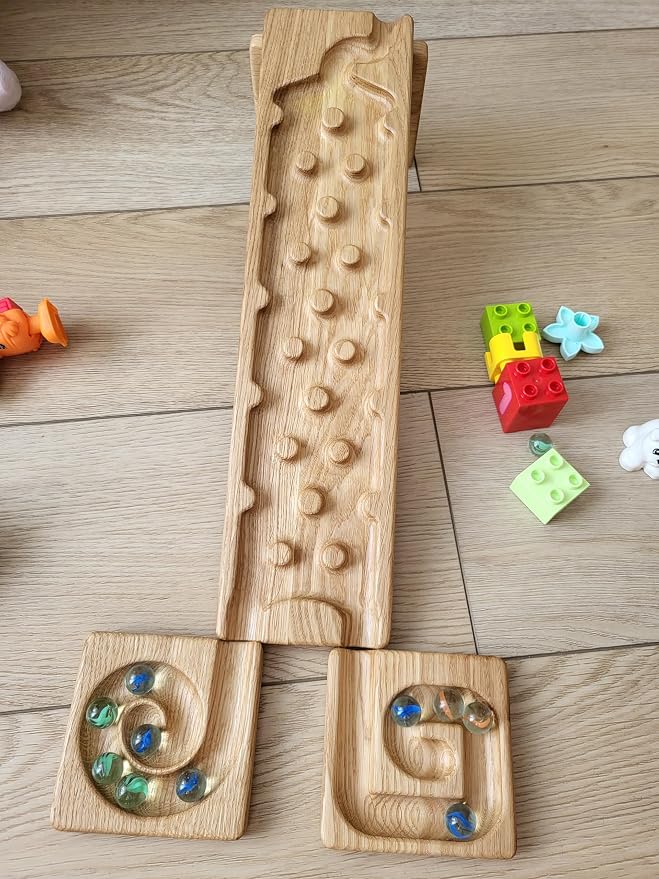 Wooden Marble Run Track Set of 2 Wind+Rocks Race Machine Set Wooden Maze Board Ball Run Montessori STEM Toy Gift for Kids Wave Course Winding Roller Track Game (Rocks+Whirlpol)