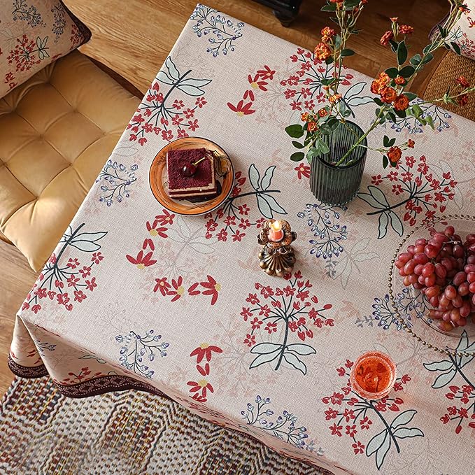 patdrea Designer French Linen Long Tablecloth for Rectangle Table,Vintage Red Floral Tablecloths,Dacorative Cover for Kitchen Dining,Tea Party,Christmas,Thanksgiving,Holiday,63"x87"-Newmari
