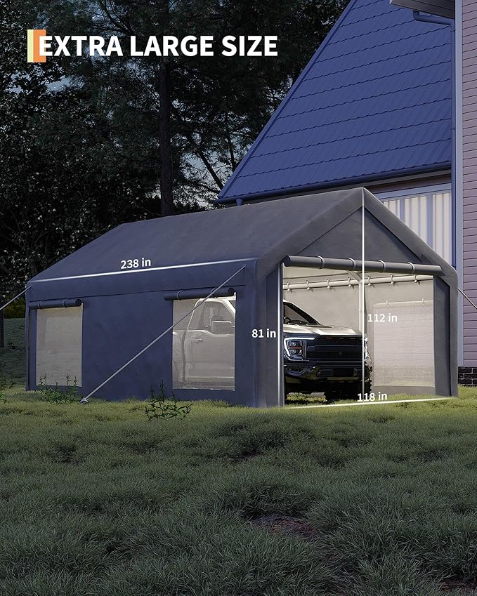 GarveeLife 10x20 ft Portable Garage, Car Port with 200 g PE Tarp Cover, with Front & Rear Roll-Up Doors and 4 Windows, for Temporary Paint Booth, Boats&Pickups Shed, and Event Shelter, Gray