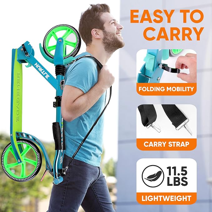 Hurtle Renegade Kick Scooter for Kids, Teenagers & Adults - 2-Wheel Folding Scooter with Adjustable T-Bar Handlebar - Alloy Anti-Slip Deck
