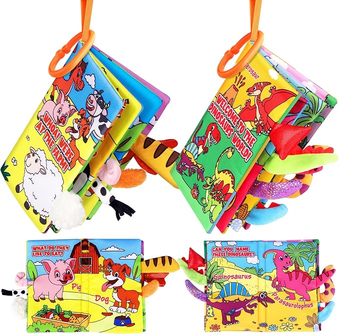 Helsort Soft Baby Books for 0-18 Months, 2PCS Crinkle Cloth Book - Dinosaur and Farm Themes, Tummy Time Toys for Infants 0-6-12-18 Months, Sensory Books for Babies, Ideal Christmas