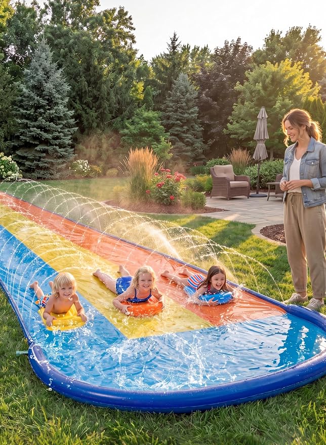 Sloosh Triple Water Slide with 3 BodyBoards, 22.5FT Lawn Water Slip Splash Pad Slide Summer Toy with Build in Advanced Sprinkler for Kids Adults Backyard Summer Water Fun