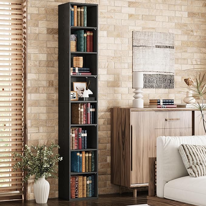 IRONCK Tall Narrow Bookshelf 8 Tiers, Compact Corner Bookcase, Easy to Match for Living Room, Office, Study, Bedroom, Vintage Black