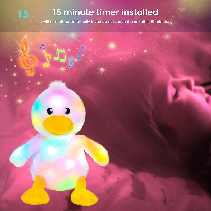 Hopearl LED Musical Stuffed Duck Light up Singing Duckling Plush Toy Adjustable Volume Lullaby Animated Soothe Birthday Gifts for Kids Toddler Girls, White, 11''