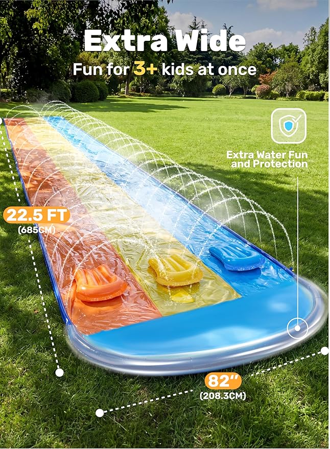 Sloosh Triple Water Slide with 3 BodyBoards, 22.5FT Lawn Water Slip Splash Pad Slide Summer Toy with Build in Advanced Sprinkler for Kids Adults Backyard Summer Water Fun