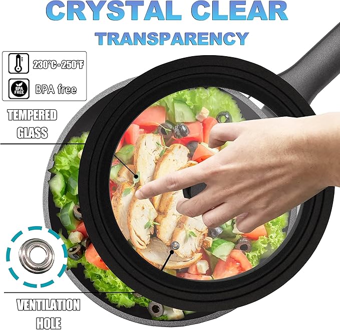 Lerykin Tempered Glass Lid - Universal Lid with Heat Resistant Silicone Rim for Pots, Pans and Skillets - Pan Cover Replacement Lid Fits 6.5", 7" and 8" Diameter Cookware