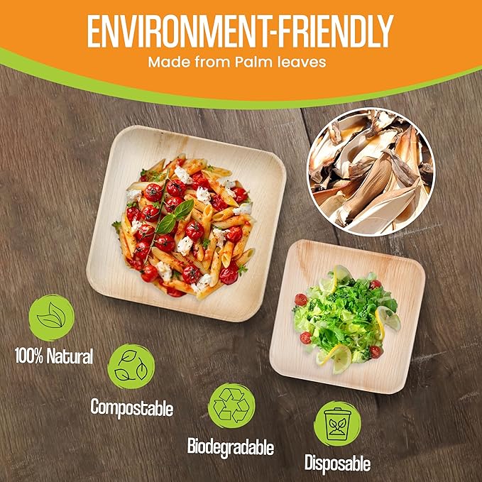 Raj Palm Leaf Plates Bulk [50-Pack] 10" & 7" Square Plates (2 CASES - 100 PACK) like Bamboo plates Disposable, Strong, Decorative Compostable Tableware for weddings, Lunch, Dinner