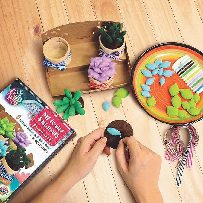 Felt Succulents Craft Kit. Make 6 Potted Colorful Plushies & A Display Rack. Mini Garden DIY Sewing Project, Activity Set, Arts & Crafts Supplies - Great Gift for Teens and Adults
