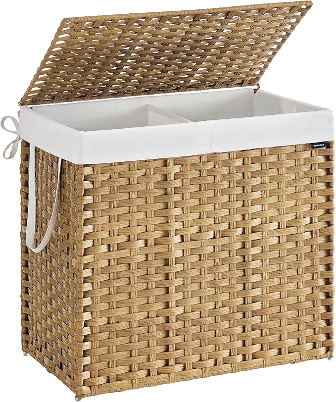 SONGMICS Laundry Hamper with Lid, 42.3 Gallon (160 L) Synthetic Rattan Clothes Laundry Basket with Lid and Handles, Foldable, Removable Liner, Goose Yellow ULCB216Y01