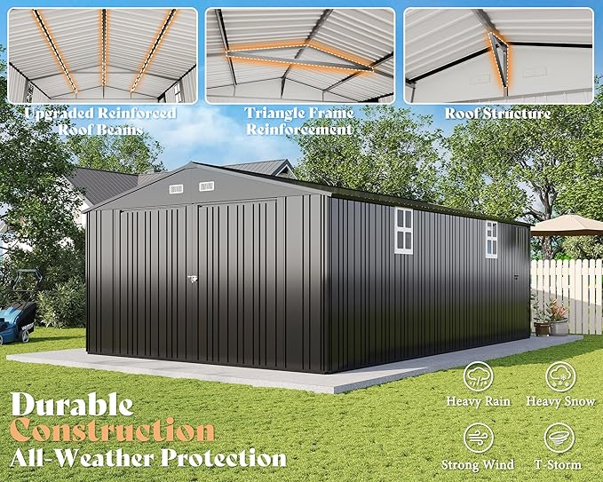 AMERLIFE 10x21x7.3 FT Outdoor Metal Garage Shed, Extra Large Storage Shed with Double Hinged Doors & 4 Windows, Carport for Car, Midsize SUV, Bike and Equipment Storage, Dark Gray