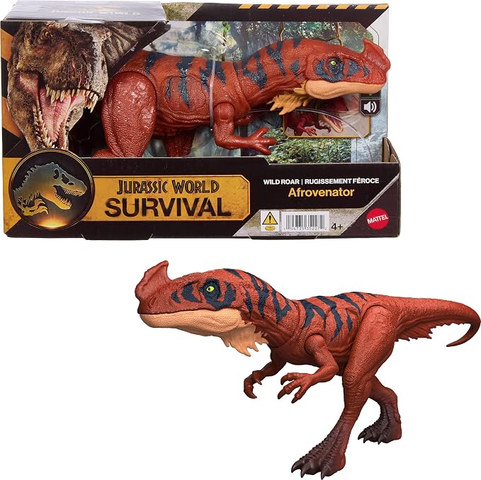 Mattel Jurassic World Wild Roar Afrovenator Dinosaur Action Figure Toy, Attack Action & Lights & Roar Sound, Scan Code for Digital Play